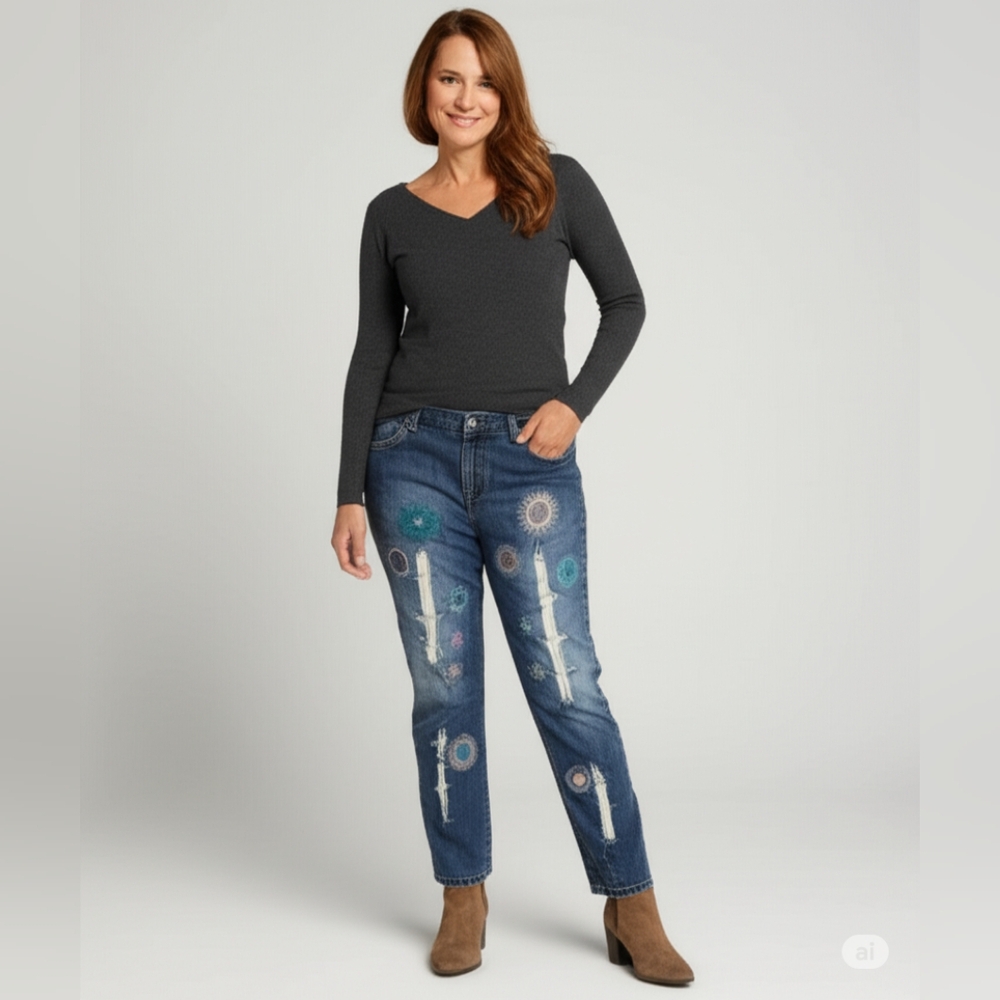 Upcycled Hand crafted circular graphic embroidery blue jeans